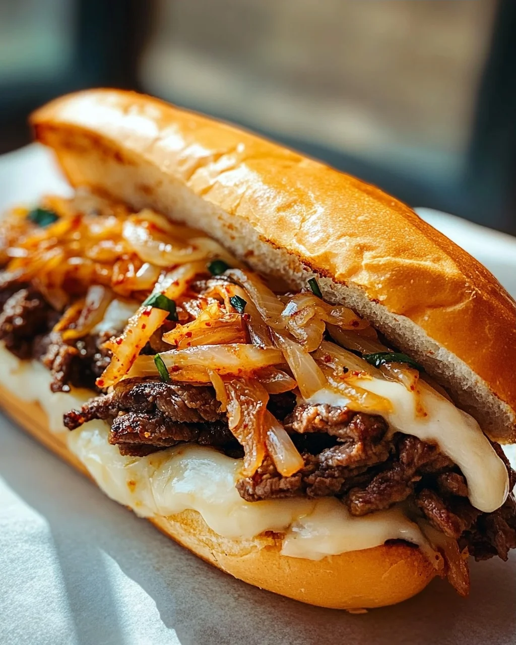 Bulgogi Cheesesteak auf dem Blech mit karamellisierten Zwiebeln