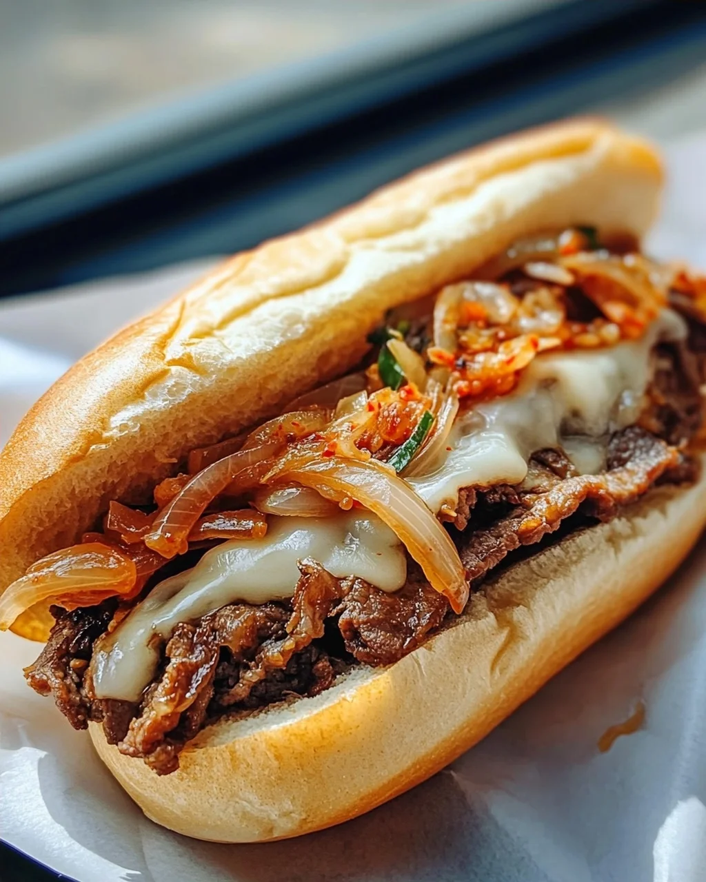 Bulgogi Cheesesteak auf dem Blech mit karamellisierten Zwiebeln