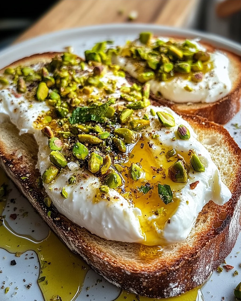 Burrata-Toast mit Pistazien und heißem Honig