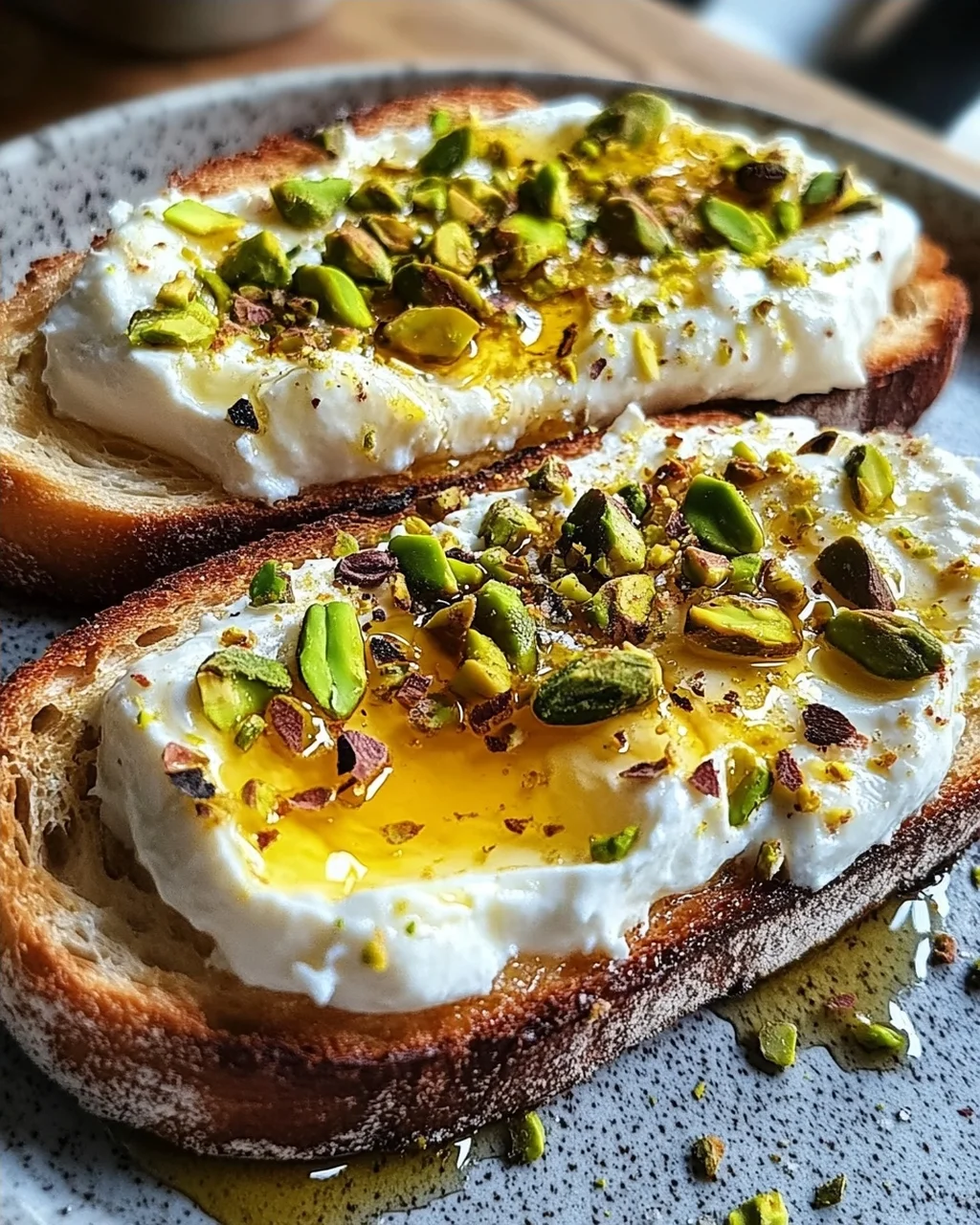 Burrata-Toast mit Pistazien und heißem Honig