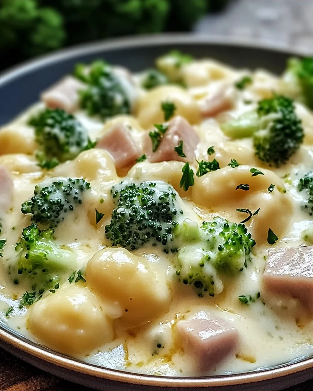 Gnocchi mit Brokkoli und Schinken in cremiger Käsesoße