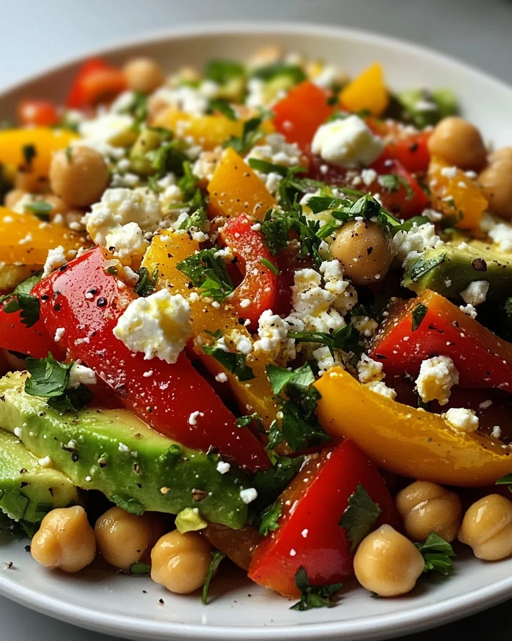 Kichererbsen-Feta-Avocado-Salat mit gerösteten Paprika