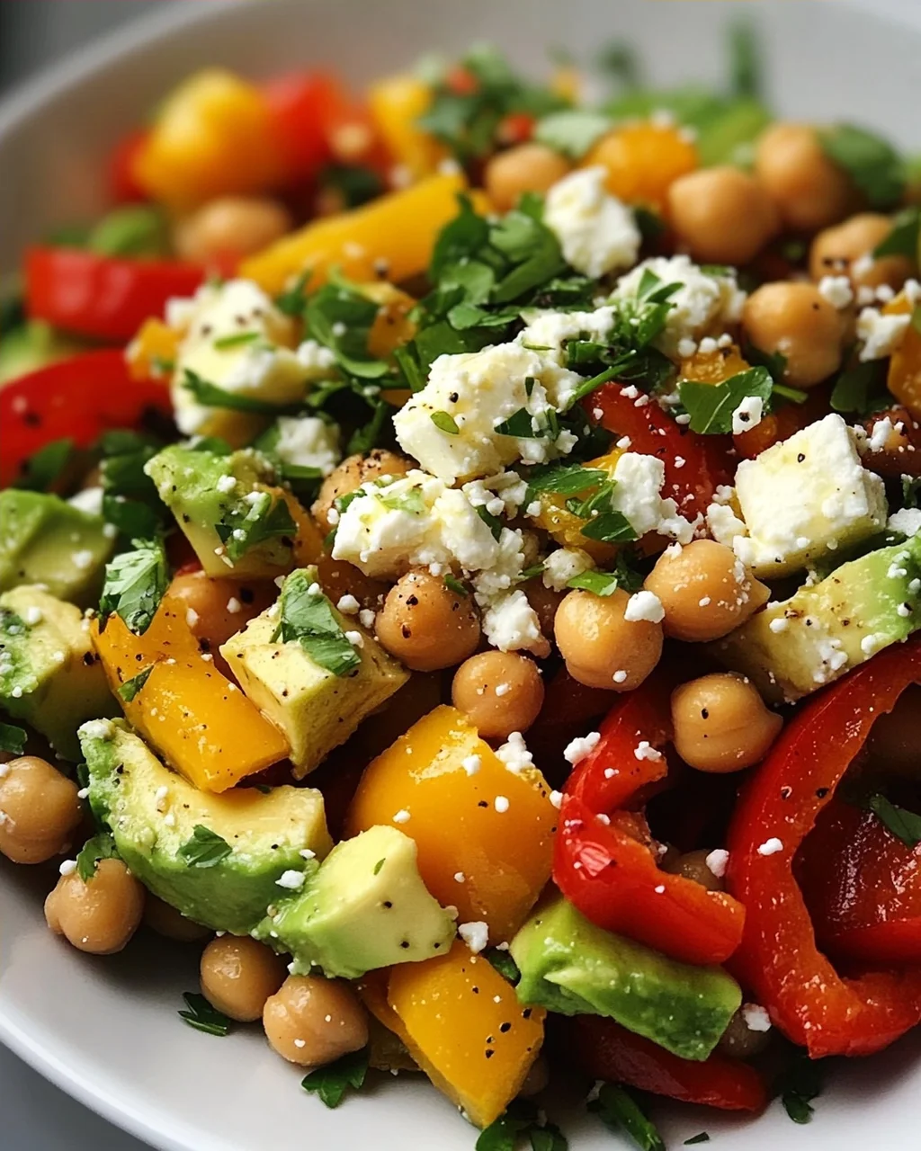 Kichererbsen-Feta-Avocado-Salat mit gerösteten Paprika