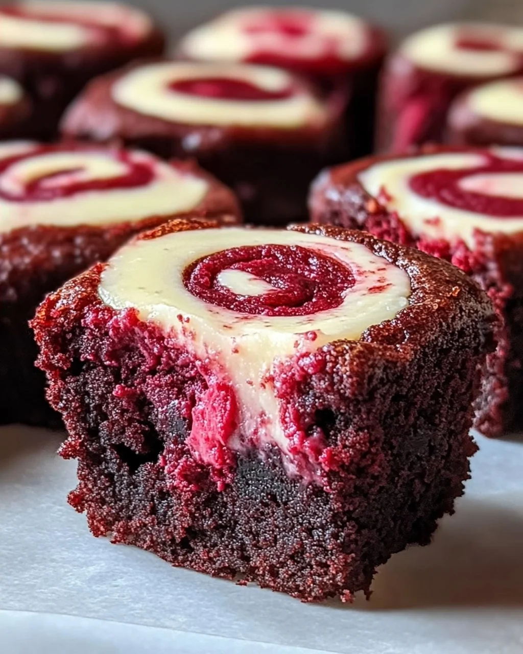 Rote Samt Brownie Bissen mit Frischkäse-Wirbel