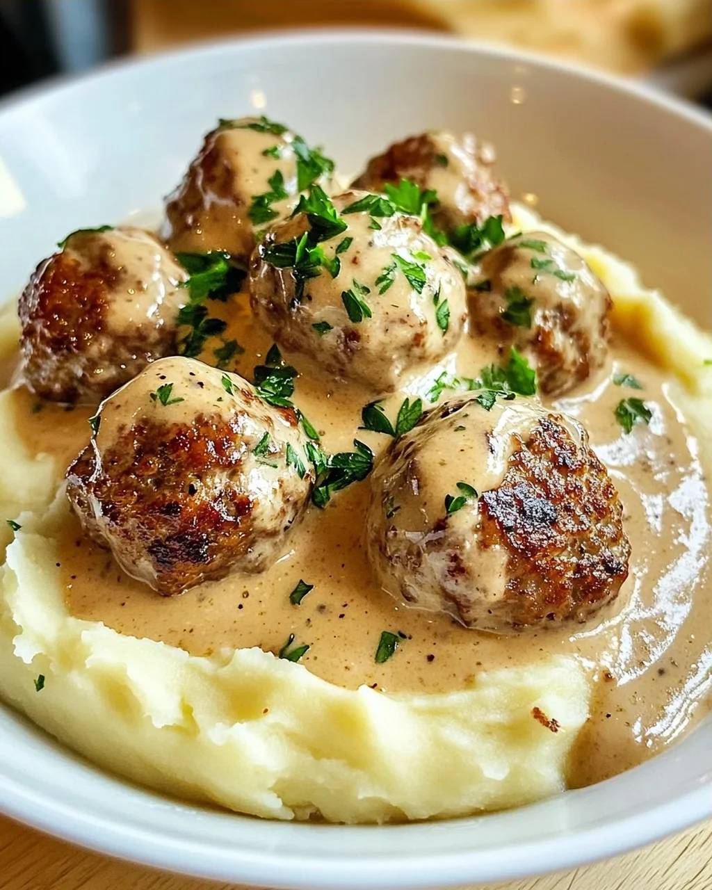 Saftige Hackbällchen in Rahmsauce & cremigem Kartoffelpüree