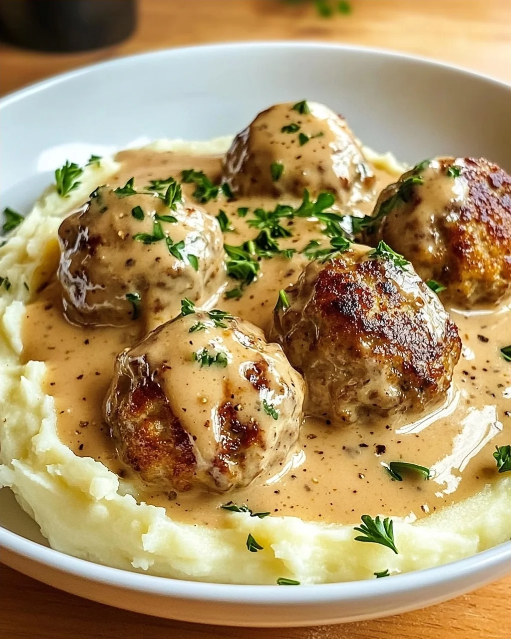Saftige Hackbällchen in Rahmsauce & cremigem Kartoffelpüree