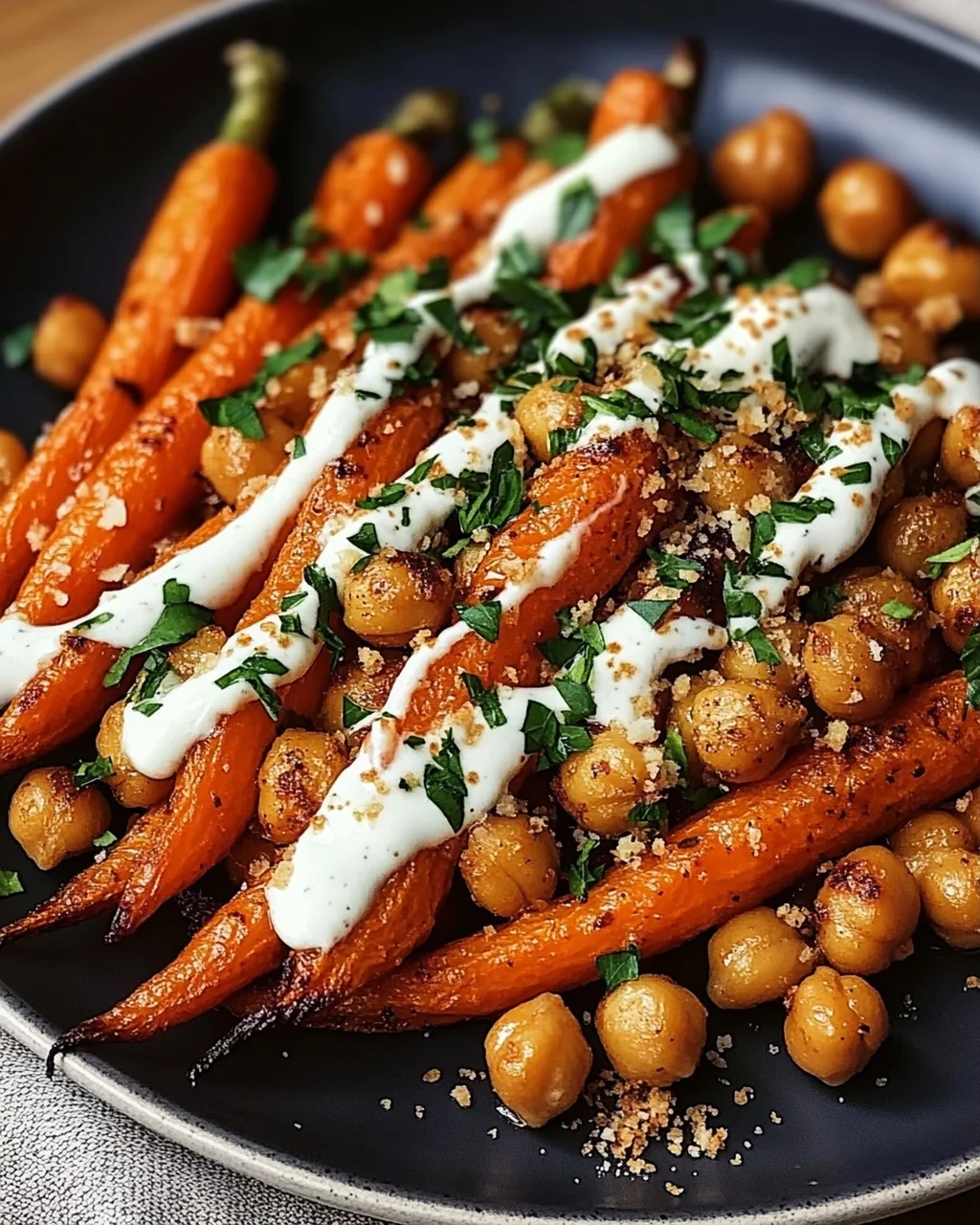 Spicy Maple-Roasted Carrots with Crispy Chickpeas and Yogurt Sauce