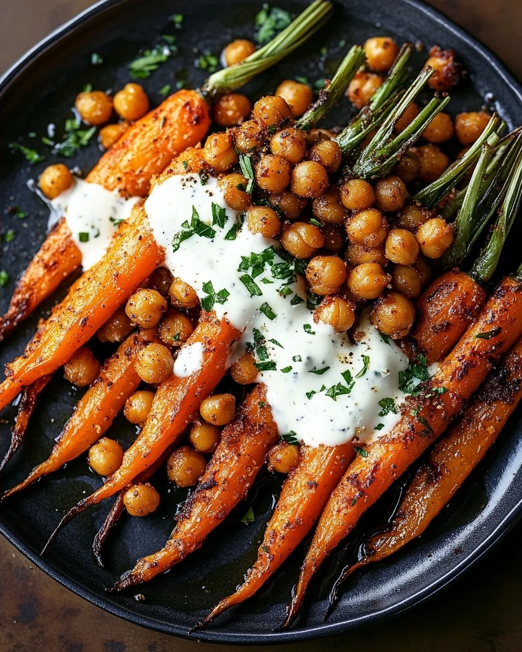 Spicy Maple-Roasted Carrots with Crispy Chickpeas and Yogurt Sauce