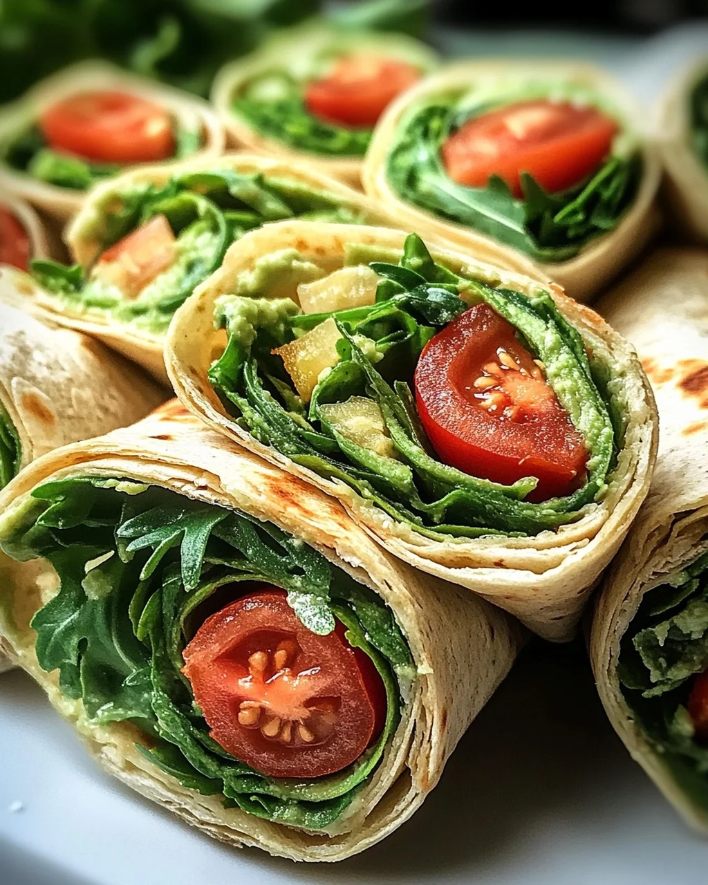 Vegetarische Wrap-Röllchen mit Rucola und Tomaten