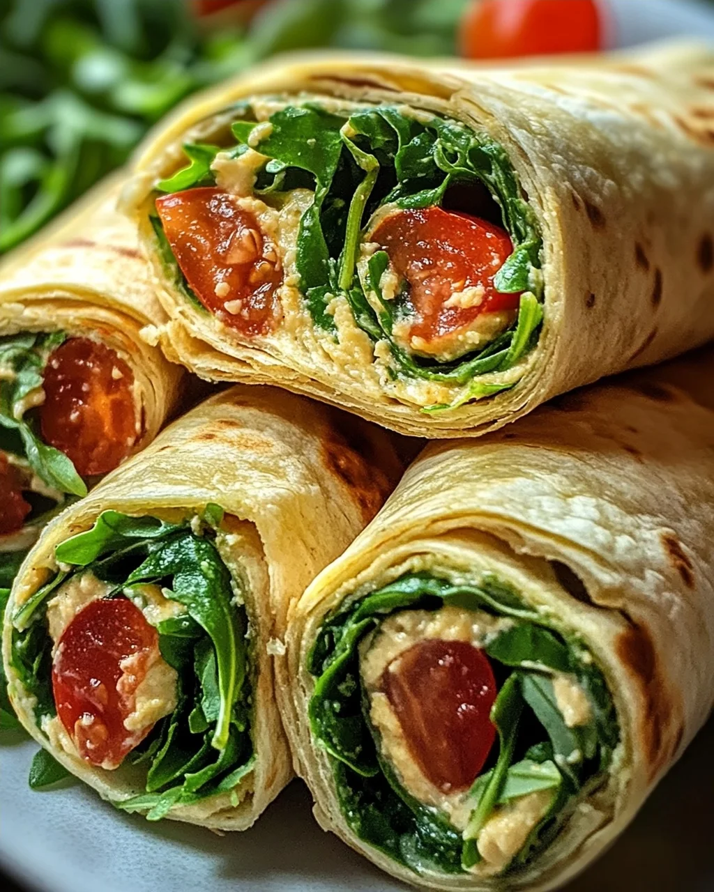 Vegetarische Wrap-Röllchen mit Rucola und Tomaten