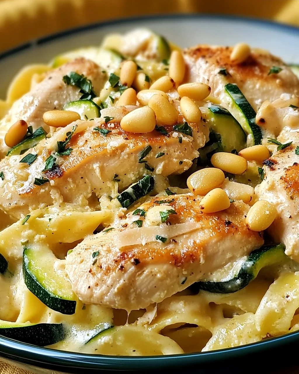 Zucchini Parmesan Pasta mit Hähnchen und Pinienkernen
