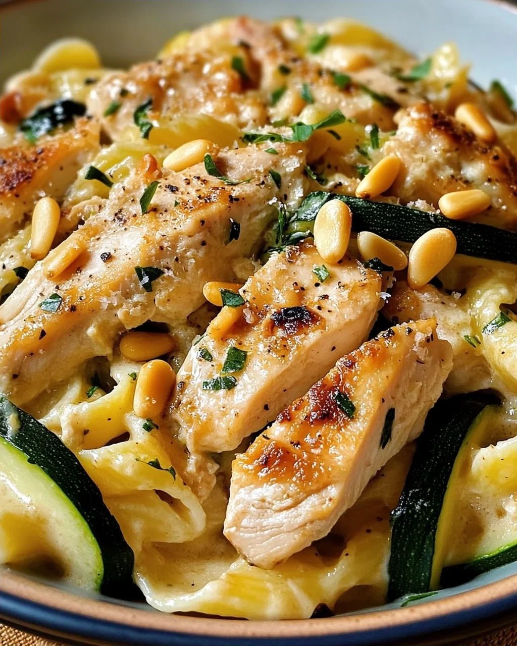 Zucchini Parmesan Pasta mit Hähnchen und Pinienkernen