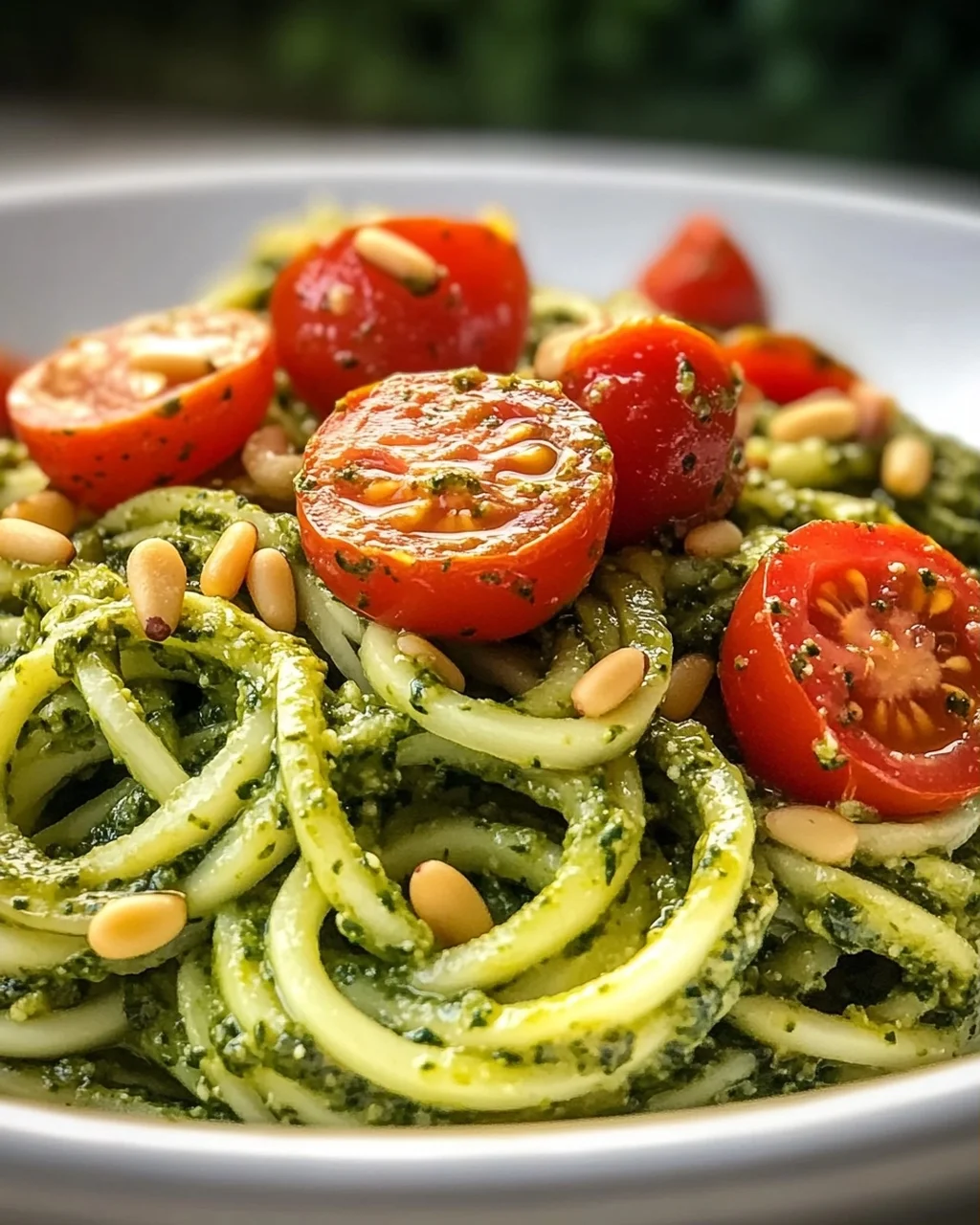 Zucchini Spaghetti mit Pesto & süßen Kirschtomaten – leicht & lecker!