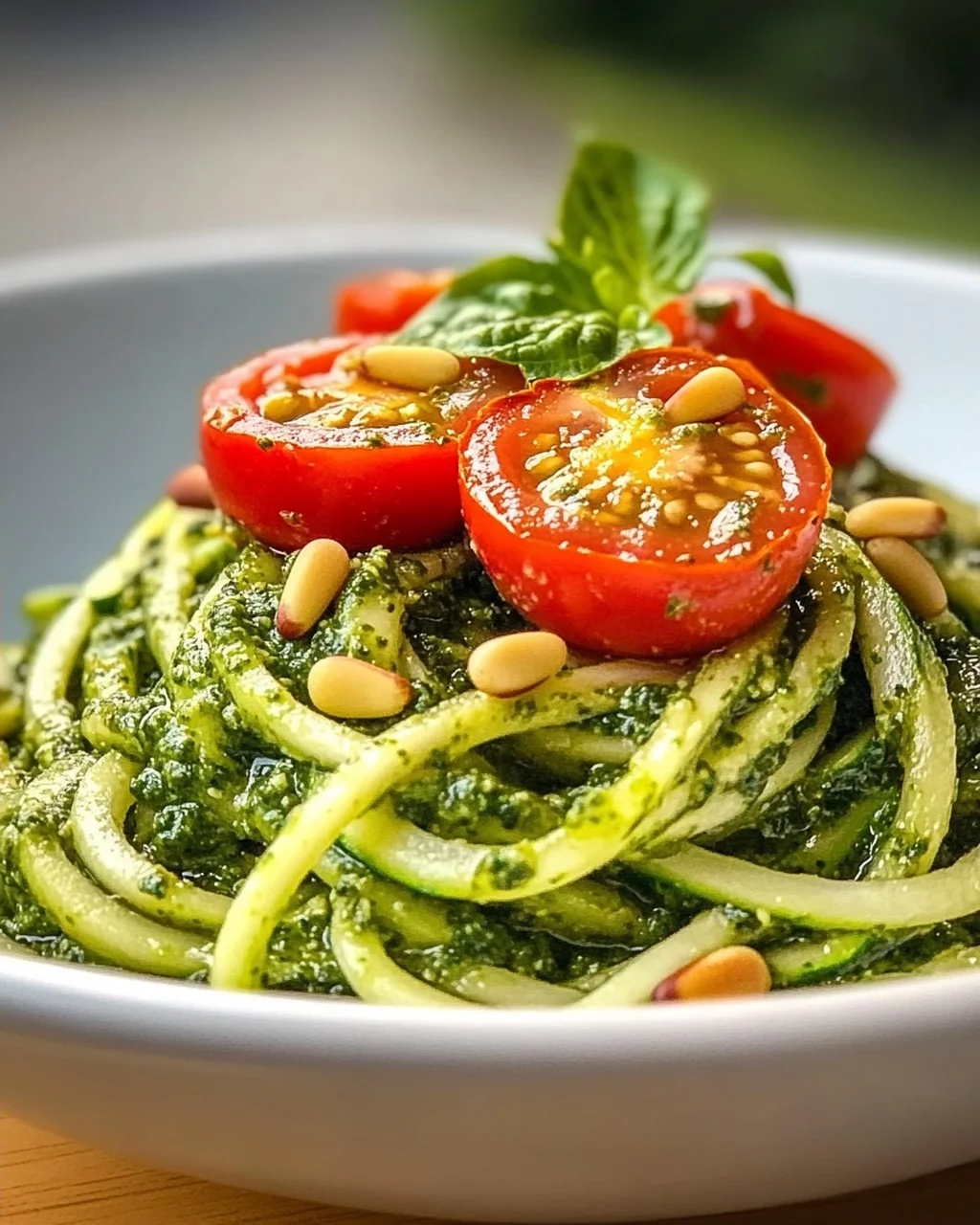 Zucchini Spaghetti mit Pesto & süßen Kirschtomaten – leicht & lecker!